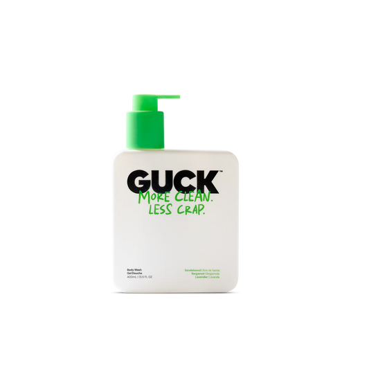 GUCK body wash bottle with green pump on a white background