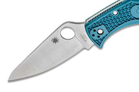 Spyderco Endela Folding Knife with a stainless steel blade featuring a round thumb-opening hole and a textured blue FRN handle, known for ambidextrous use.