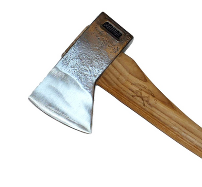 Council Tool Premium Velvicut 2lb Hudson Bay Axe with a steel head and wooden handle, featuring a curved edge and leather sheath, ideal for versatile outdoor tasks.
