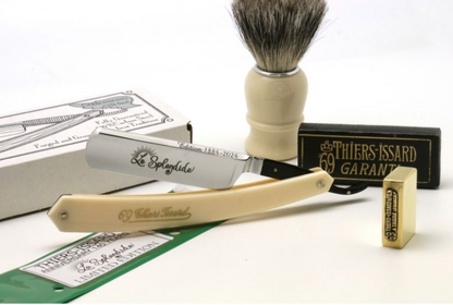 Thiers Issard Straight Razor, Le Splendide 6/8 140th Anniversary Edition, displayed with shaving brush and accessories, celebrating traditional shaving craftsmanship.