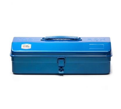 Toyo Steel Toolbox - Y-350: A durable, glossy blue, rectangular metal toolbox with a folding handle and front latch, ideal for versatile storage solutions.