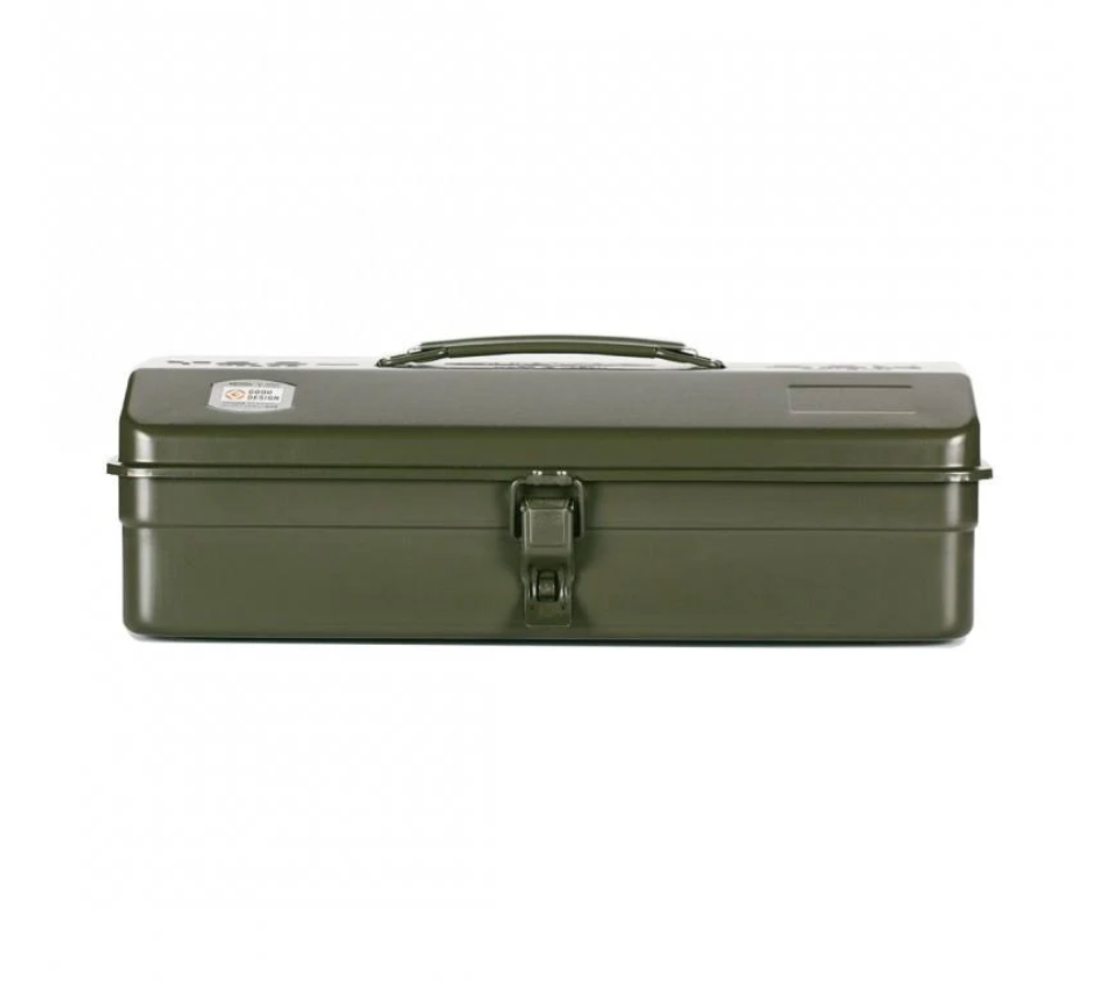 Toyo Steel Toolbox - Y-350: durable olive-green metal box with front latch and top handle, ideal for tools, lunch, or crafts, embodying timeless design and versatility.