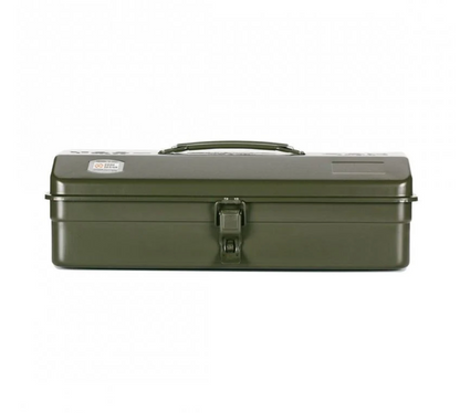 Toyo Steel Toolbox - Y-350: durable olive-green metal box with front latch and top handle, ideal for tools, lunch, or crafts, embodying timeless design and versatility.