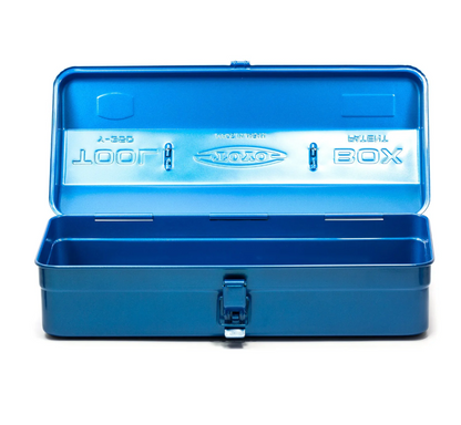 Toyo Steel Toolbox - Y-350, a small blue metal box with open lid and empty interior, showcasing durable design ideal for versatile storage solutions.