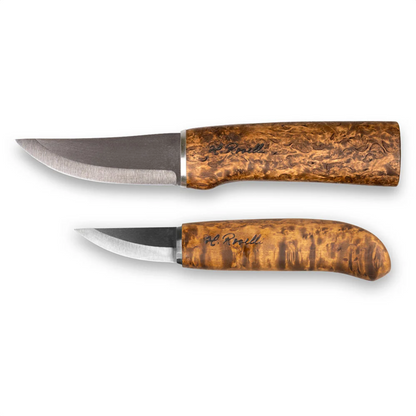 Roselli Hunting & Bear Claw Knife UHC, Combo Sheath: Two fixed-blade knives with stainless-steel blades and burl-wood handles, showcasing Finnish design for outdoor enthusiasts.