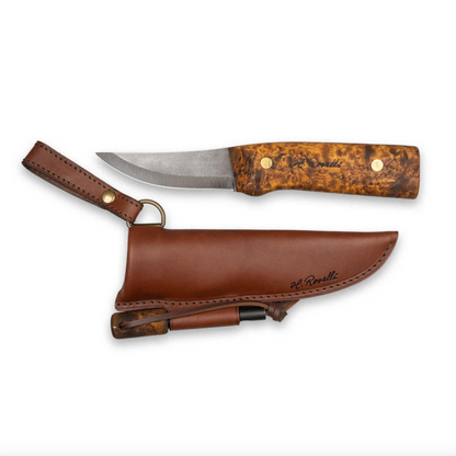Roselli Hunting Knife with dark curly birch handle, brass pins, and fire steel, alongside a custom leather sheath stamped “H. Roselli.”