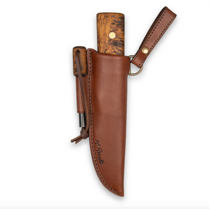 Roselli Hunting Knife full Tang with Dark Handle in leather sheath, features fire steel rod, ideal for hunters and outdoor enthusiasts. Handcrafted in Finland, perfect for big game skinning.