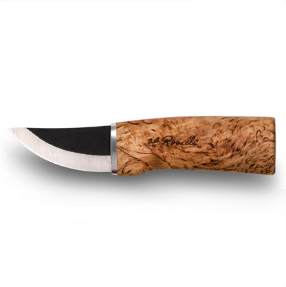 Roselli Grandfather Knife with Special Sheath features a curved carbon steel blade and curly birch handle, ideal for precise outdoor tasks and hunting.