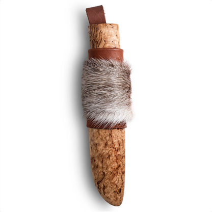 Roselli Grandfather Knife with Special Sheath: A fixed-blade knife in a light-brown leather and fur sheath, featuring a curly birch handle with a swirling grain pattern.