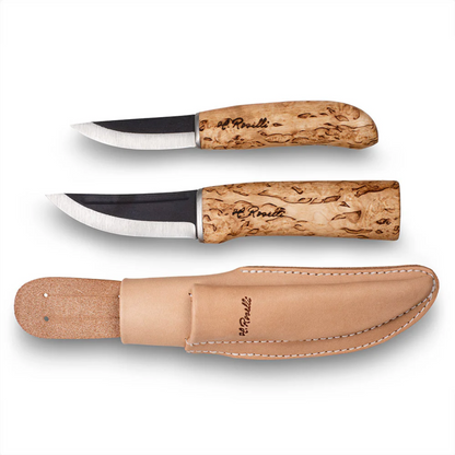 Roselli Hunter Knife/Carpenter Knife Combo Sheath: Two carved wood-handled knives in a single leather sheath, ideal for versatile outdoor tasks and fine craftsmanship.