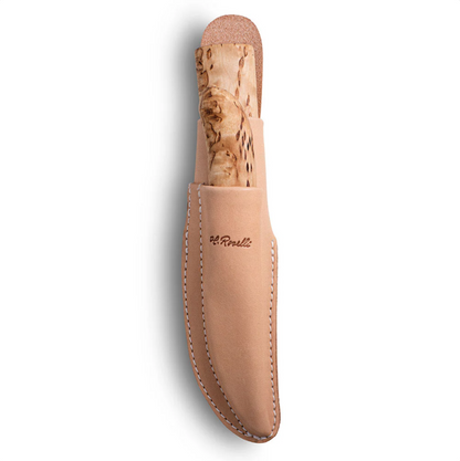 Roselli Hunter Knife/Carpenter Knife Combo Sheath with a birch-burl handle and carbon steel blade, showcasing premium craftsmanship in natural-tan leather.