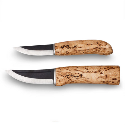 Roselli Hunter/Carpenter Knife Combo features two burl-wood handled knives with carbon-steel blades, nestled in a single leather sheath. Ideal for versatile outdoor tasks.