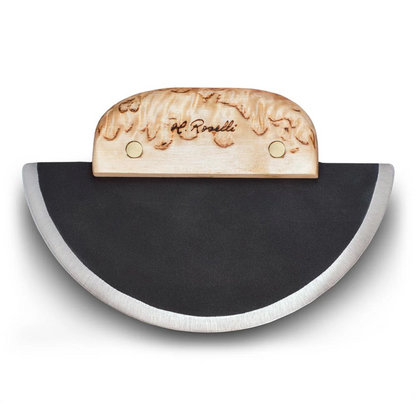 Roselli Ulu Knife with semicircular carbon steel blade and curly birch handle, ideal for chopping and slicing, includes custom birch wood rack and leather sheath.