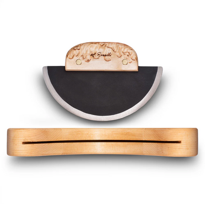 Roselli Ulu Knife with a curved blade and wooden handle, displayed with its custom birch storage block, ideal for versatile kitchen and outdoor tasks.