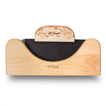Roselli Ulu Knife with a curved blade and wooden base, perfect for chopping herbs or cutting leather, reflecting Kent of Inglewood's craftsmanship ethos.