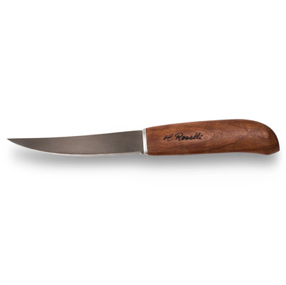 Roselli Small Fish Knife UHC with a narrow stainless-steel blade and a turned wooden handle, featuring superior edge retention and a leather sheath.