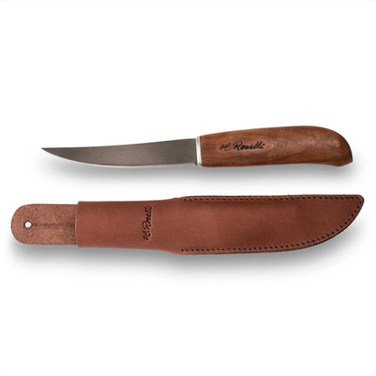 Roselli Small Fish Knife UHC with a narrow blade, stained curly birch handle, and custom brown leather sheath featuring a belt-loop extension.