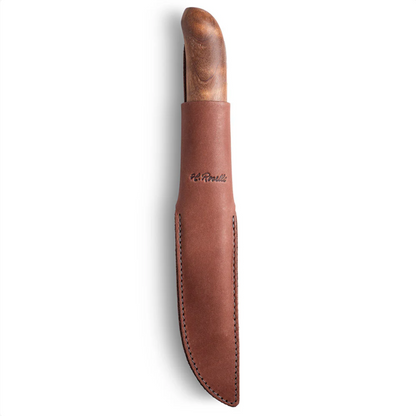 Roselli Small Fish Knife UHC in brown leather sheath, embossed with H. Roselli, showcases a wooden handle, emphasizing craftsmanship and quality for outdoor enthusiasts.