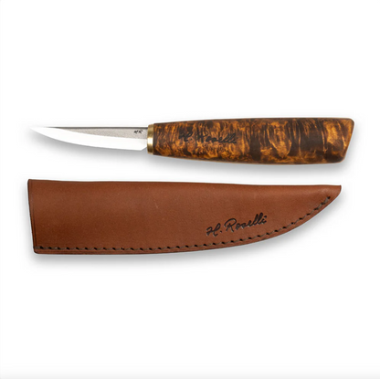 Roselli Carving Knife Short UHC with a burl-wood handle and brown leather sheath, showcasing expert craftsmanship and traditional Finnish design.