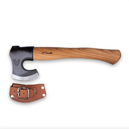 Roselli Axe Short Red Elm, featuring a black steel head and red elm handle, includes a brown leather sheath, ideal for outdoor tasks and easy carrying.