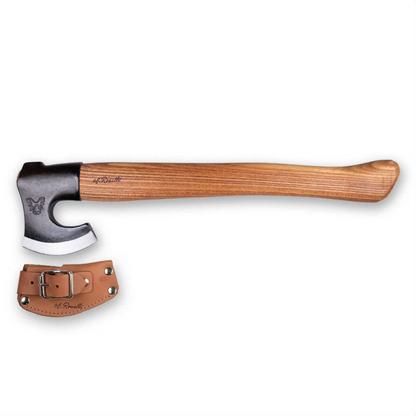 Roselli Axe Long Red Elm with a hardwood handle and leather sheath, showcasing Finnish craftsmanship for outdoor tasks like felling and timbering.