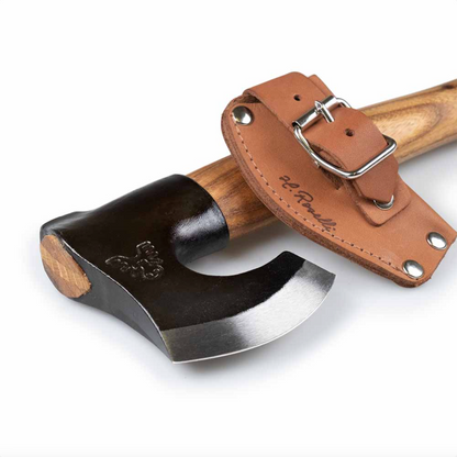 Roselli Axe Long Red Elm with polished steel blade and red elm handle, accompanied by a brown leather sheath with rivets and buckle for secure carrying.