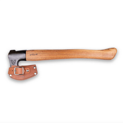 Roselli Axe Long Red Elm features a handmade Finnish design with a red elm handle and black steel head, covered by a brown leather sheath.