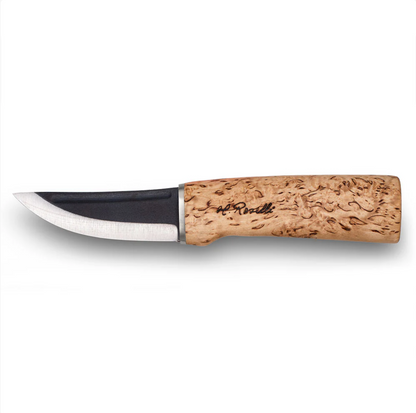 Roselli Hunting Knife with stainless steel blade, satin finish, curly birch handle, and maker's signature, designed for hunting and outdoor use, includes leather sheath.
