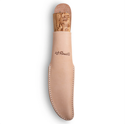 Roselli Hunting Knife with a curly birch handle in a hand-stitched leather sheath, showcasing timeless design and craftsmanship ideal for outdoor adventures.