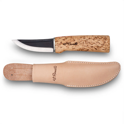 Roselli Hunting Knife with scandi-ground blade and curly birch handle, paired with a hand-stitched leather sheath, designed for hunting and outdoor use.