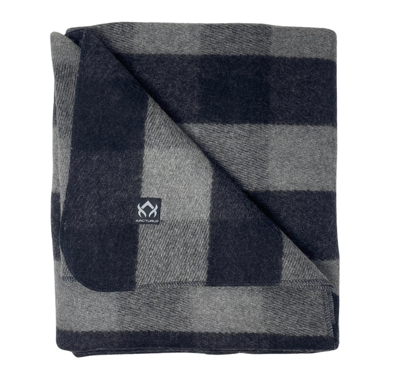 Gray and black checkered blanket with a brand logo on a white background