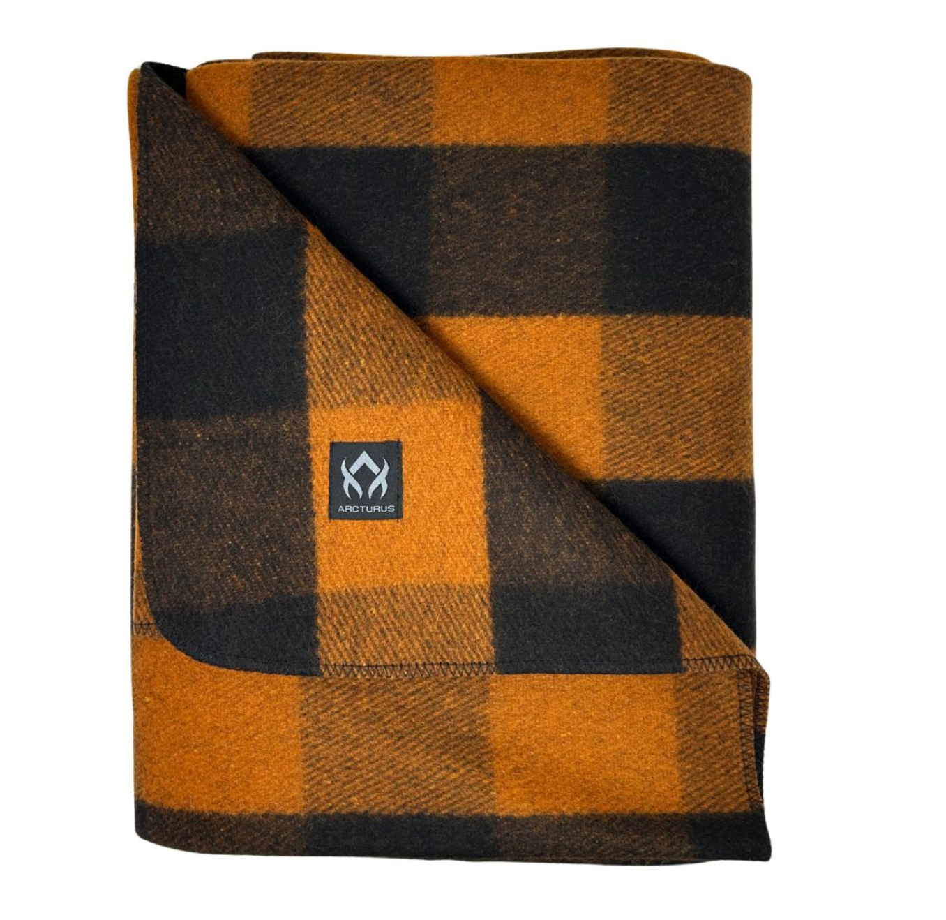 Folded checkered blanket with brown and black pattern on a white background