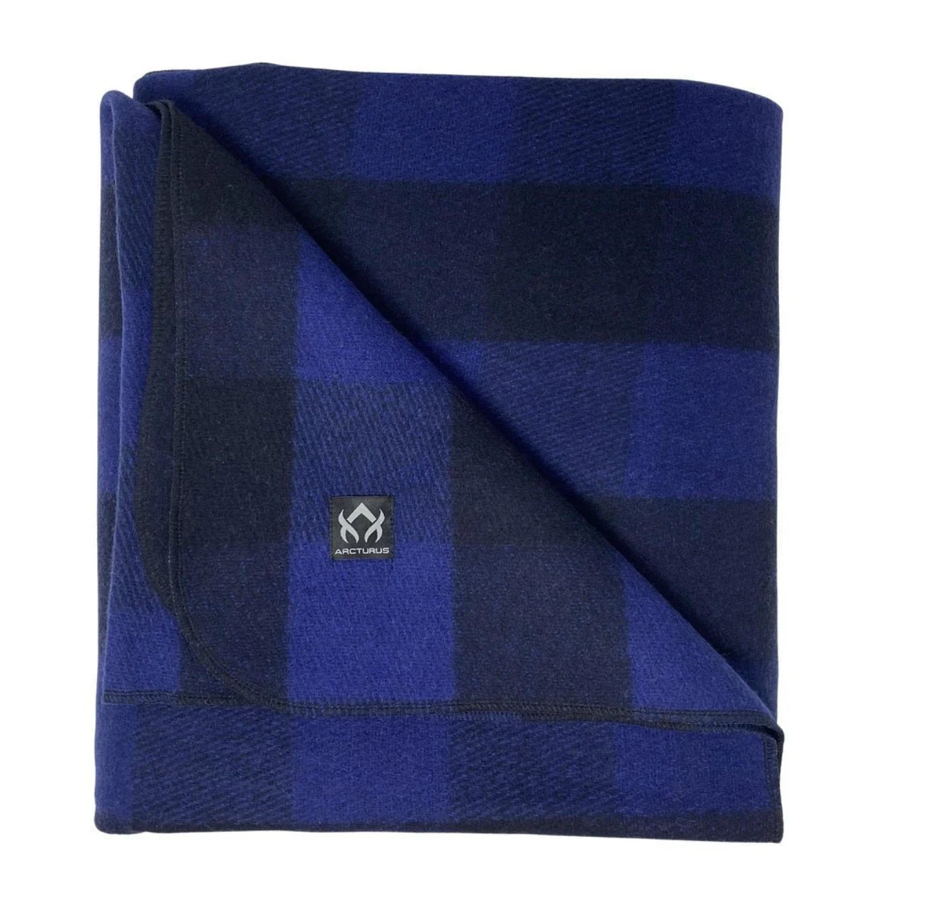 Folded blue and black checkered blanket with a brand logo on a white background