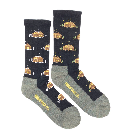 Two socks with cabin pattern and 'Fridays Sock Co.' branding on a white background