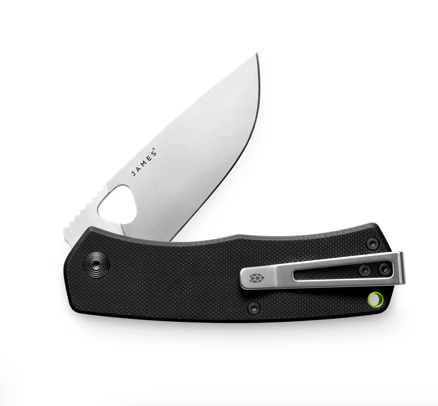 open folding knife with black handle on a white background