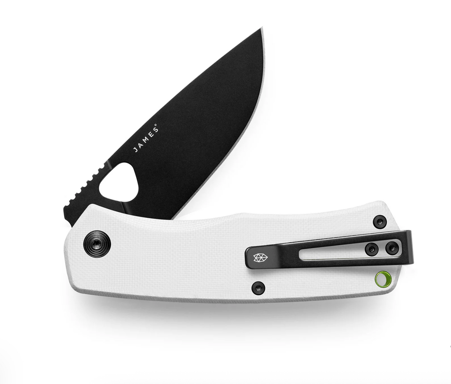 slightly opened folding knife with white handle and black blade on white background