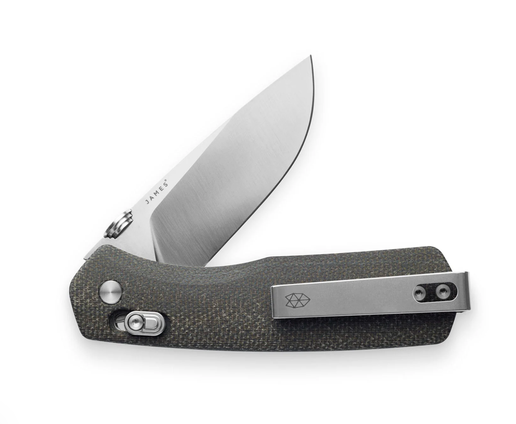 James Carter XL folding pocket knife with partially open VG 10 stainless steel blade, dark-gray micarta handle, and reversible deep carry pocket clip.