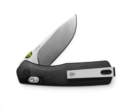 James Carter XL folding pocket knife with VG 10 steel blade, black handle, lime-green pivot collar, and reversible clip, showcasing minimalist design and craftsmanship.