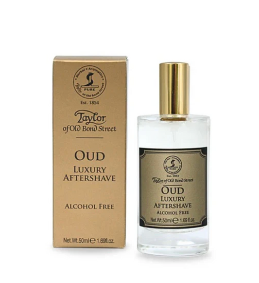 Taylor of Old Bond Street Oud Luxury Aftershave bottle and packaging on a white background