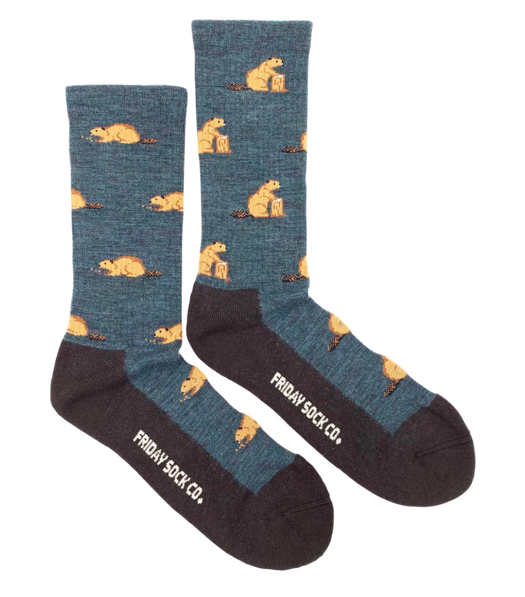 Friday Sock Co. Beaver Merino Wool socks feature playful beaver designs on teal with dark charcoal accents, showcasing a unique, ethically-produced accessory from Kent of Inglewood.