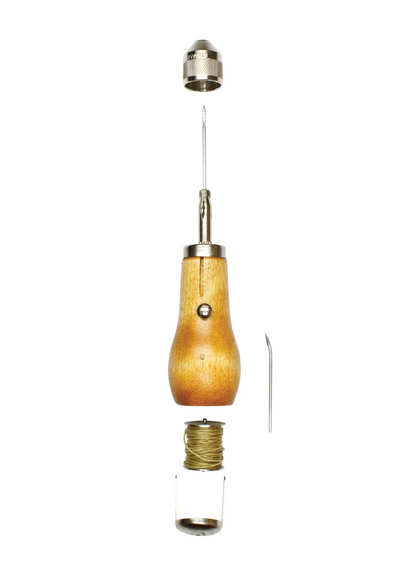Speedy Stitcher Sewing Awl Kit components: wooden handle awl, knurled cap, spare needle, waxed thread bobbin; ideal for leather, canvas, heavy material repairs.