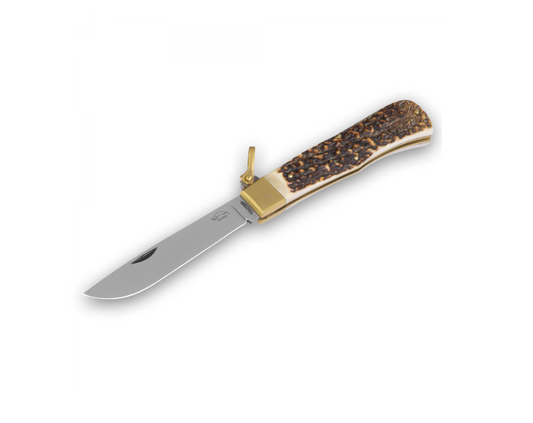 folding hunting knife with stag handle and brass lock