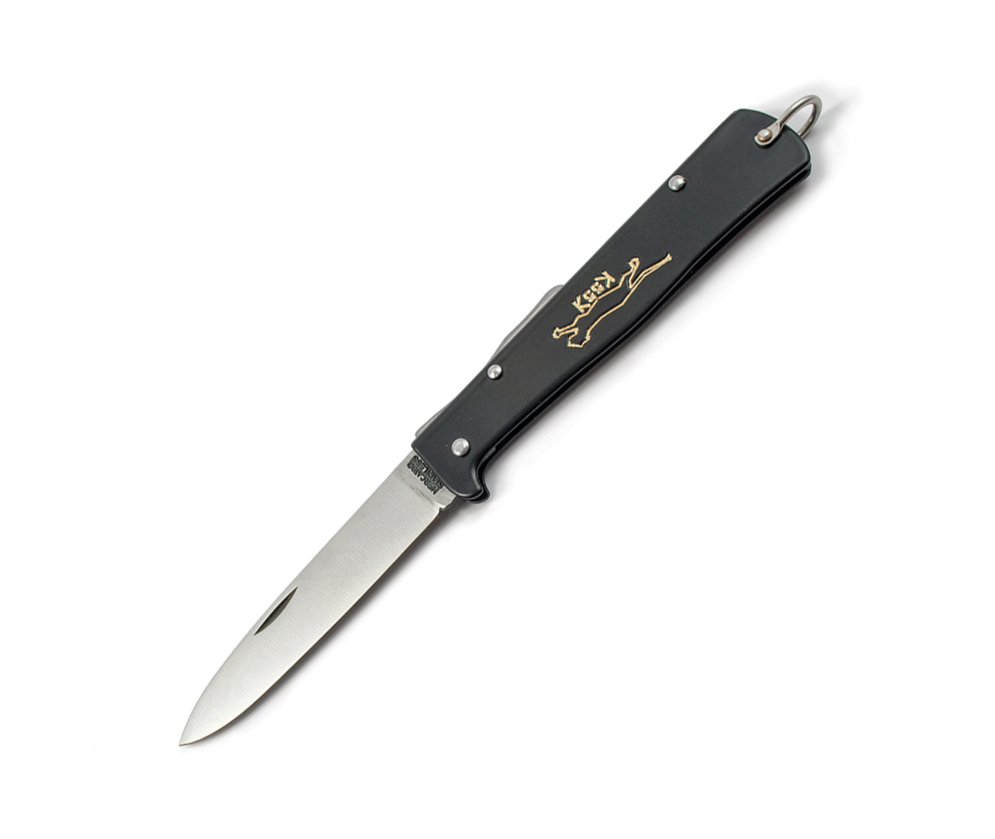 German folding knife with a black handle and a gold outline of a cat