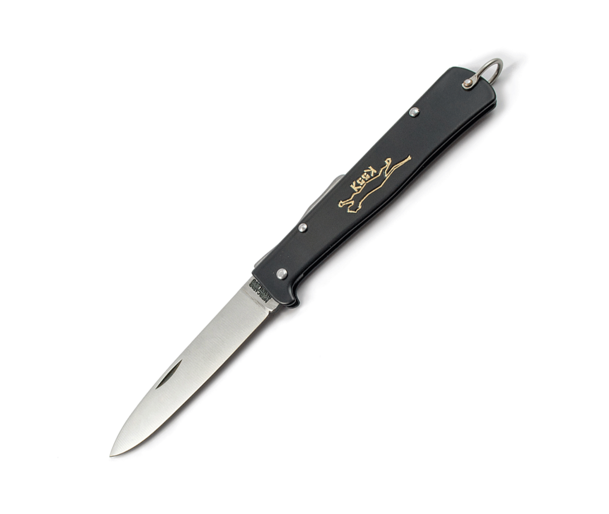 German folding knife with a black handle and a gold outline of a cat