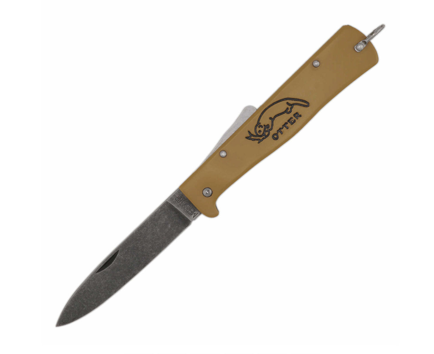 German folding knife with a tan handle and a black outline of an otter