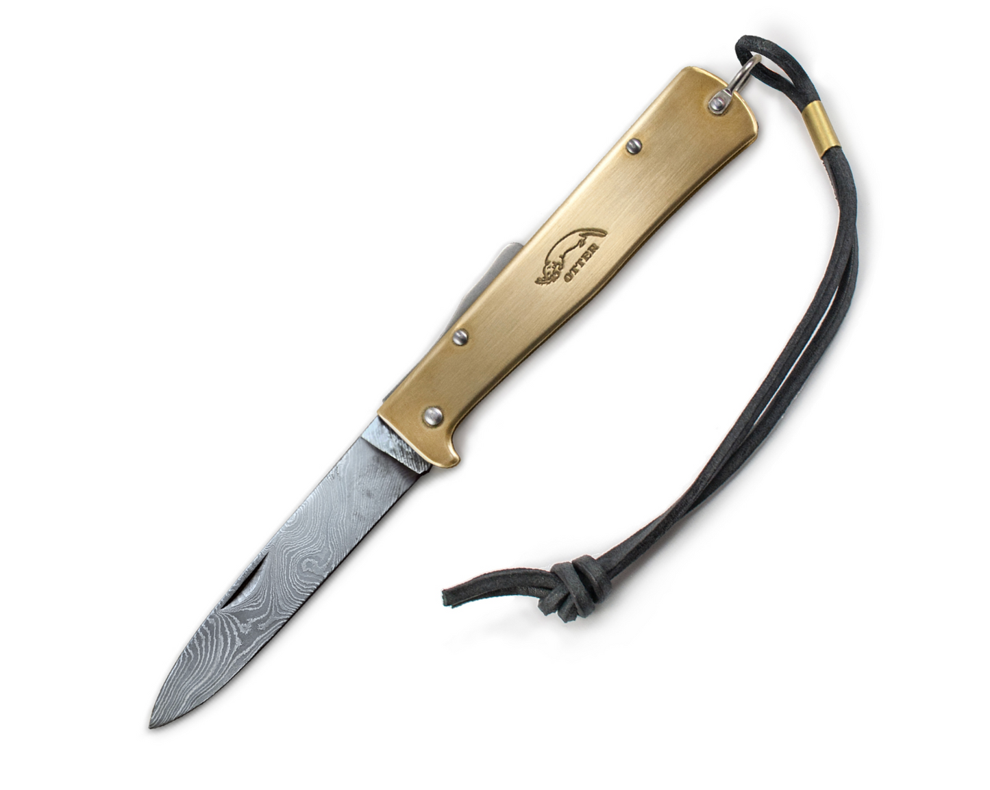 German folding knife with a brass handle and a Damascus blade