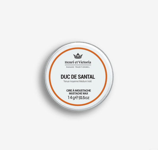 Henri et Victoria Duc de Santal Moustache Wax tin, 14g, medium hold, with sandalwood and nutmeg fragrance, ideal for classic shaving enthusiasts.