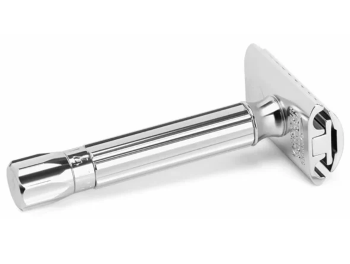 Merkur Progress Adjustable Double Edge Safety Razor with chrome-plated, three-piece construction, featuring an adjustable head for customizable wet shaving, ideal for a classic shaving experience.