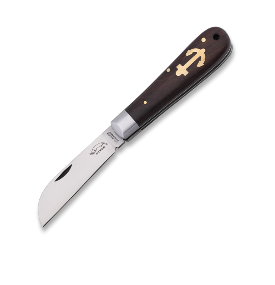 Otter-Messer Anchor Grenadilla: A slip-joint pocket knife with a stainless-steel blade and dark wooden handle, featuring a brass anchor motif, handcrafted in Solingen.