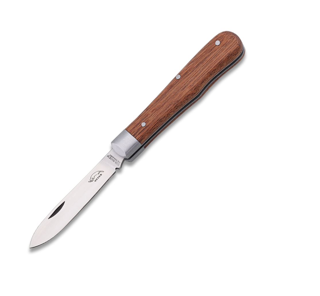 Otter-Messer Pocket Knife Classic, featuring a wood-grained handle with metal bolsters, showcases a traditional, hand-crafted drop-point stainless blade for versatile everyday use.
